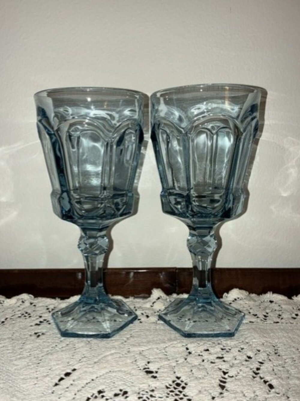 Pair of Vintage Fostoria Light Blue Virginia Pattern Water Goblets - Perfect